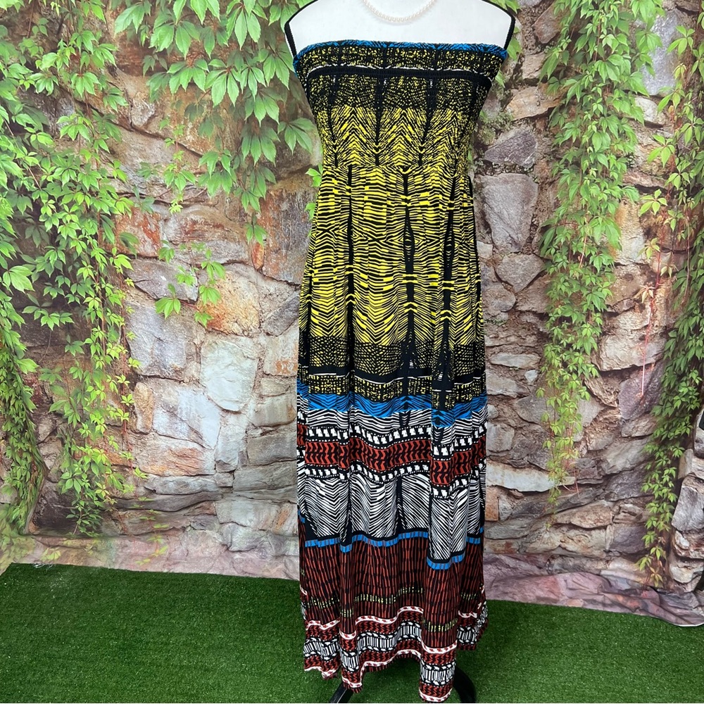 XHILARATION Shirred Strapless Multicolor Block Print Maxi Dress, S - Picture 2 of 11